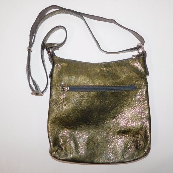 The Trend Womens Green Metallic Shellac Leather Crossbody Shoulder Bag Purse - Picture 8 of 10
